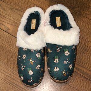 Disney Dark Green Mickey & Pluto Faux-Fur Lined Slip-On Slippers